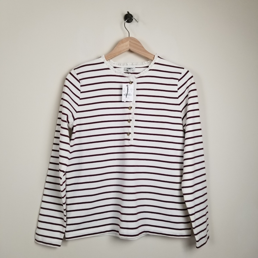 J Crew Factory Striped Ruffle Collar Henley Shirt Top Small Vintage Burgundy NWT